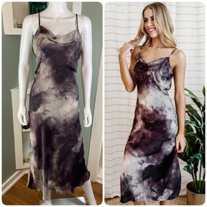 Grade & Gather Tie-Dye Splatter Smokey Slip Midi Dress S/M Draped Grey